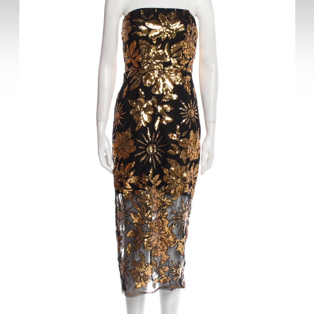 Milly Black Strapless Midi Dress with Gold Floral Sequin